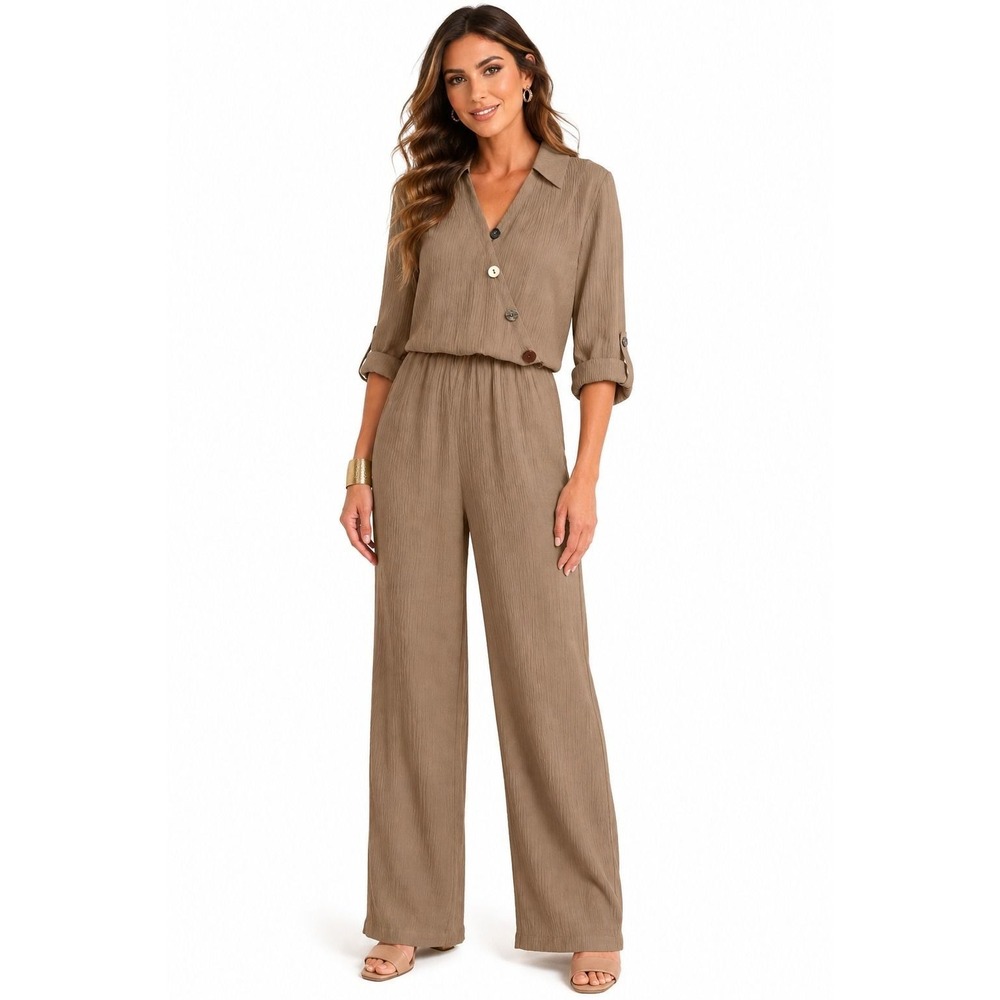Soft Surroundings Brown Cannes Crinkle Jumpsuit Asymmetric Button XLP NWOT